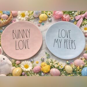 Rae Dunn Bunny Love & Love My Peeps Large 11” Ceramic Plates -Easter Blue & Pink